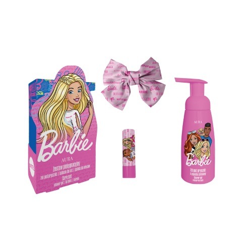 Aura, Barbie, zestaw: żel pod prysznic, 300 ml + balsam do ust, 3.8g + spinka do włosów