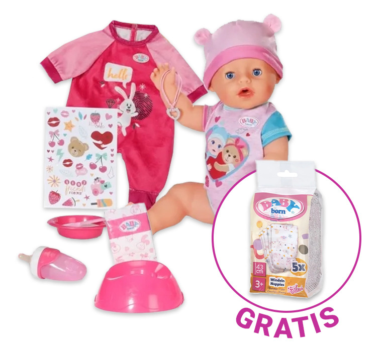 Baby Born, Emma, lalka bobas, 43 cm, zestaw z dodatkowym ubrankiem onesie + 5-pack pieluszek gratis
