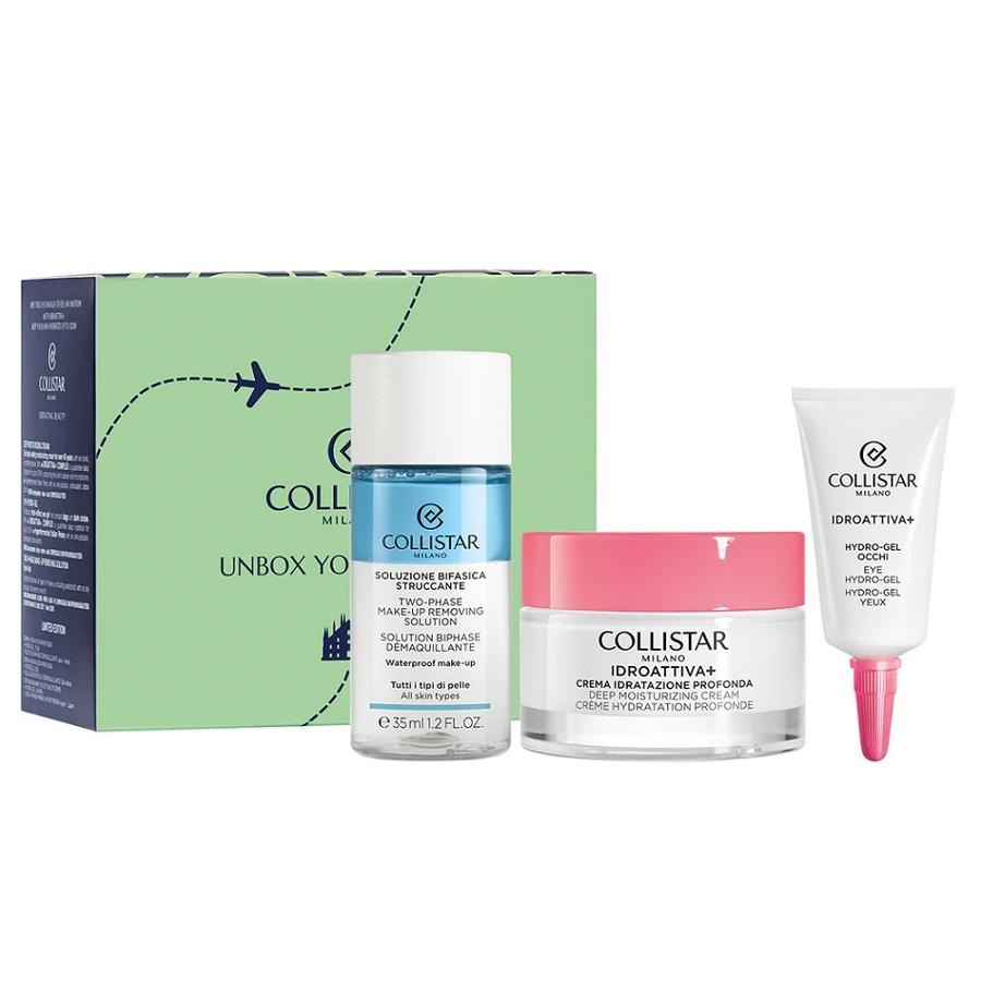 Collistar, Unbox Your Confidence, zestaw: hydro-żel pod oczy, 5 ml + dwufazowy płyn do demakijażu, 35 ml + krem głęboko nawilżający, 30 ml