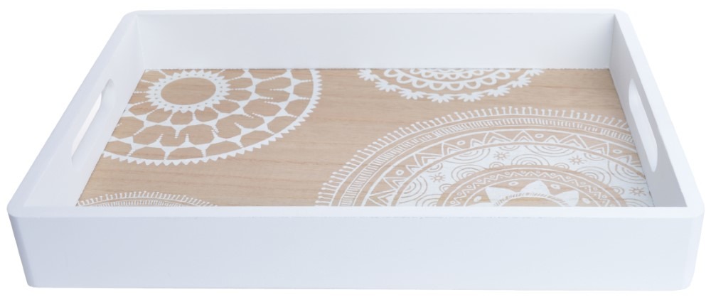 Drewniana taca, beżowo-biała, 34x24x4.5 cm