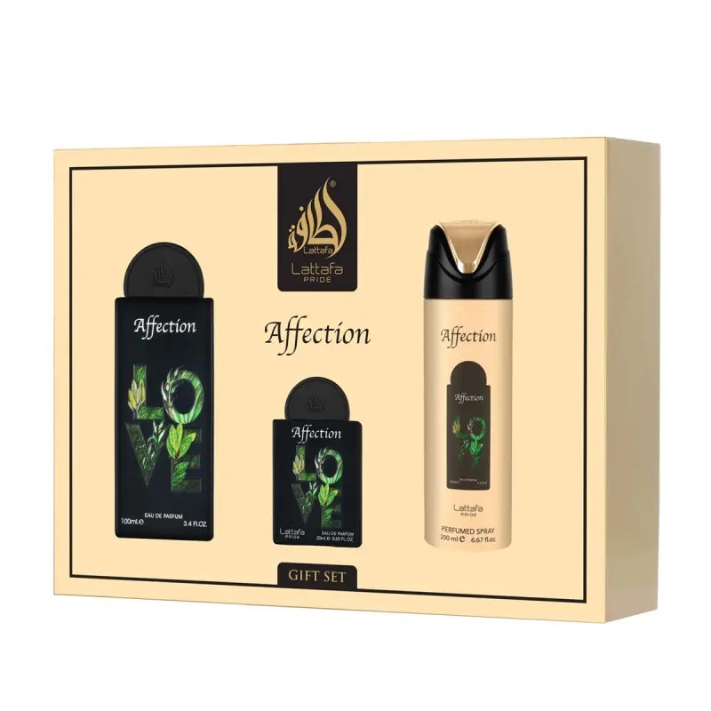Lattafa, Pride Affection, zestaw: woda perfumowana, spray, 100 ml + woda perfumowana, spray, 20 ml + dezodorant, spray, 200 ml