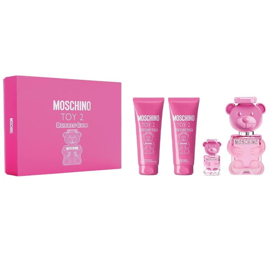Moschino, Toy 2 Bubble Gum, zestaw: woda toaletowa, spray, 100 ml + balsam do ciała, 100 ml + żel pod prysznic, 100 ml + woda toaletowa, spray, 5 ml