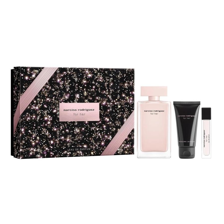 Narciso Rodriguez, For Her, zestaw: woda perfumowana, spray, 100 ml + woda perfumowana, spray, 10 ml + balsam do ciała, 50 ml