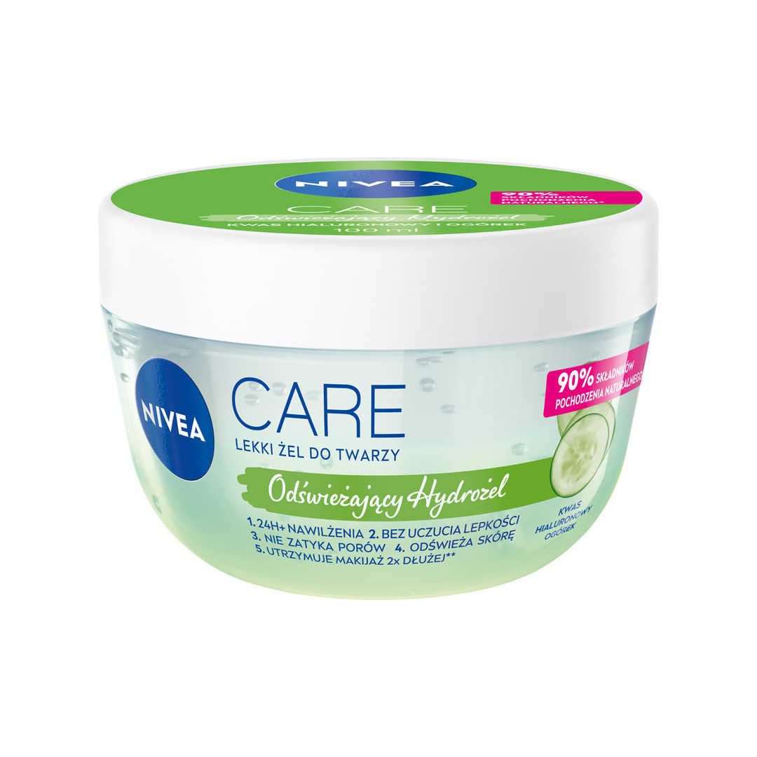 Nivea, Care, żelowy krem do twarzy 24h nawilżenia, ogórek + kwas hialuronowy, 100 ml