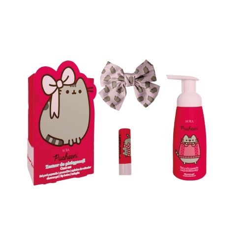 Pusheen, zestaw: pianka do mycia ciała, 300 ml + pomadka do ust, 3.8g + spinka do włosów