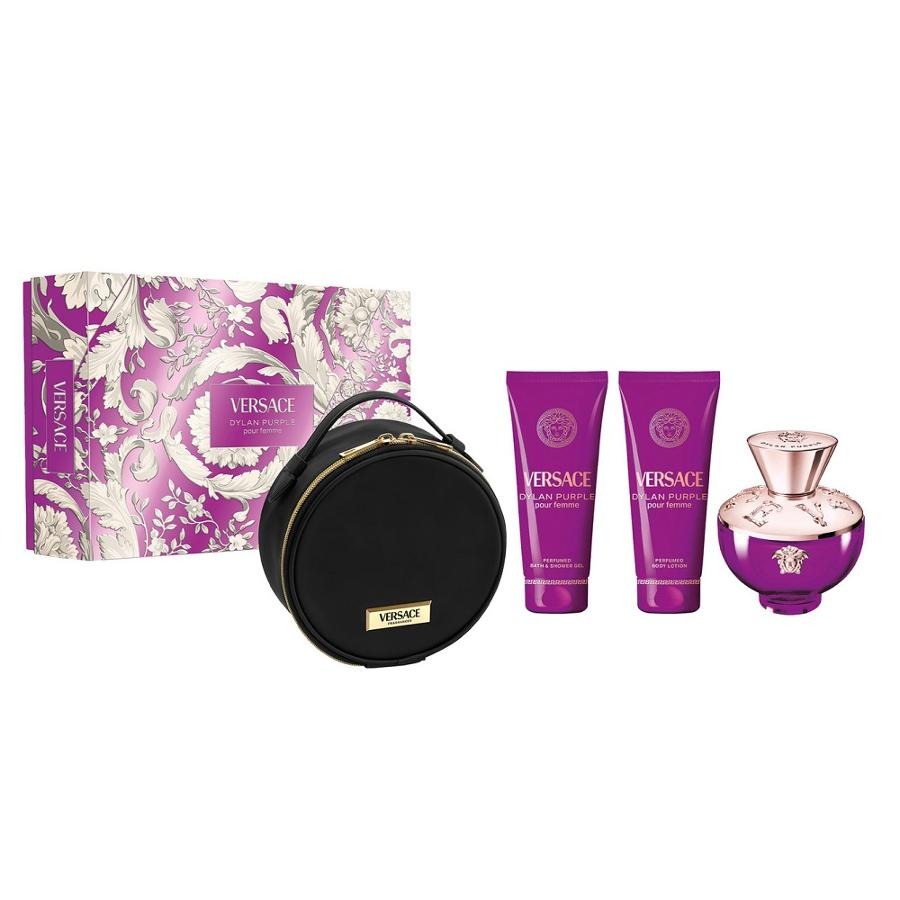 Versace, Dylan Purple Pour Femme, zestaw: woda perfumowana, spray, 100 ml + balsam do ciała, 100 ml + żel pod prysznic, 100 ml + kosmetyczka
