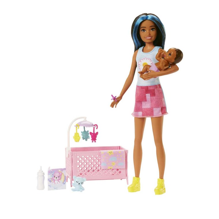 Barbie, Opiekunka, Usypianie maluszka, zestaw z lalką Skipper i bobasem, niebieskie pasemka