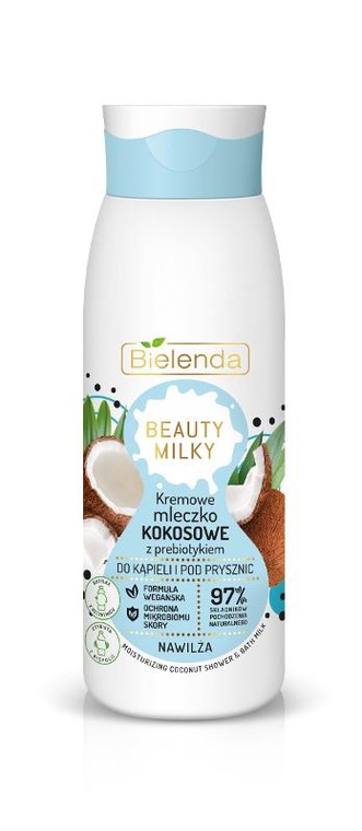 Bielenda, Beauty Milky, kremowe mleczko kokosowe z prebiotykiem do kąpieli i pod prysznic, nawilża, 400 ml